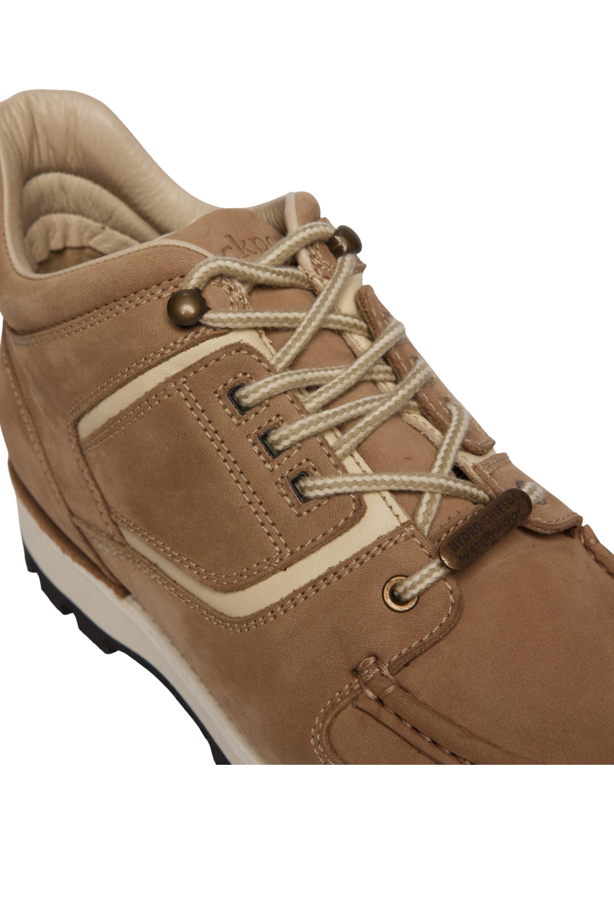 Rockport beige hiker boot with white sole on a white background