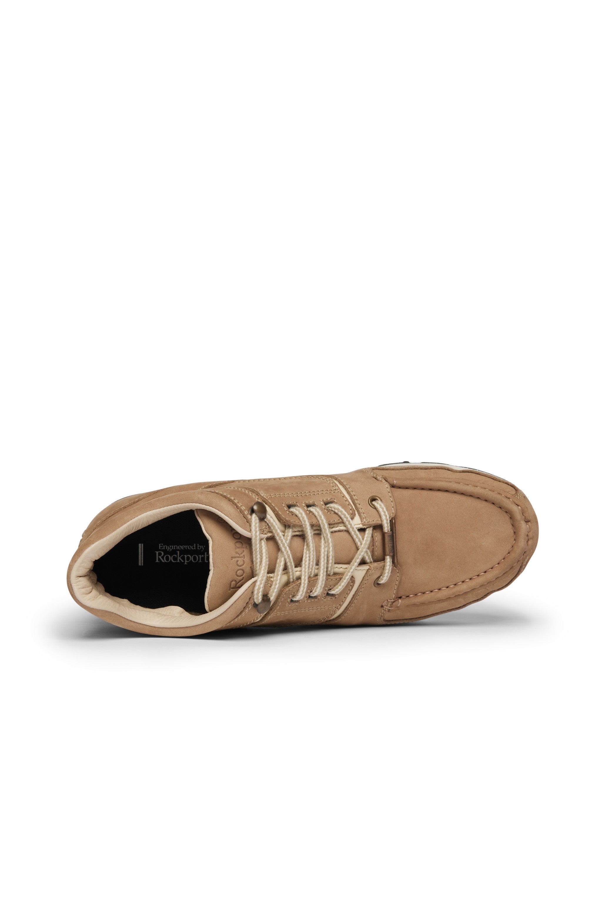 Rockport beige hiker boot with white sole on a white background
