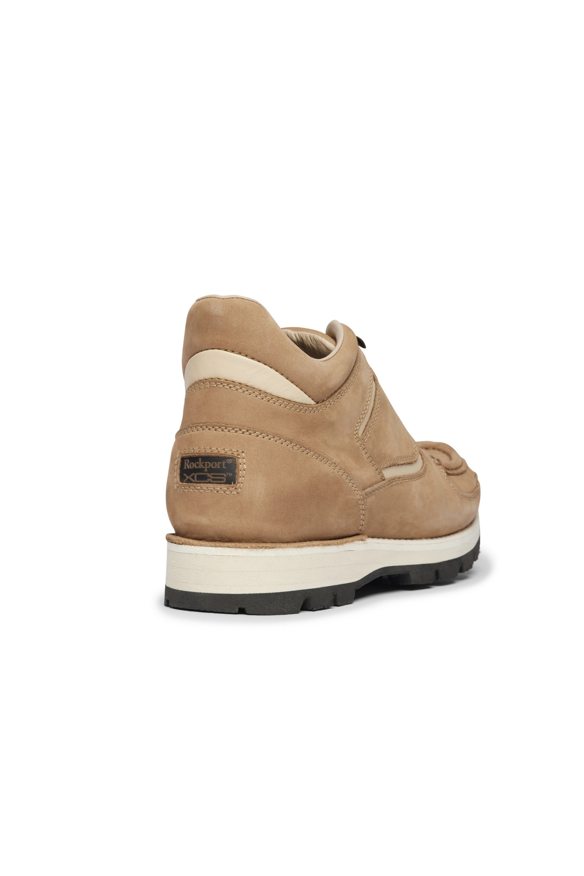 Rockport beige hiker boot with white sole on a white background