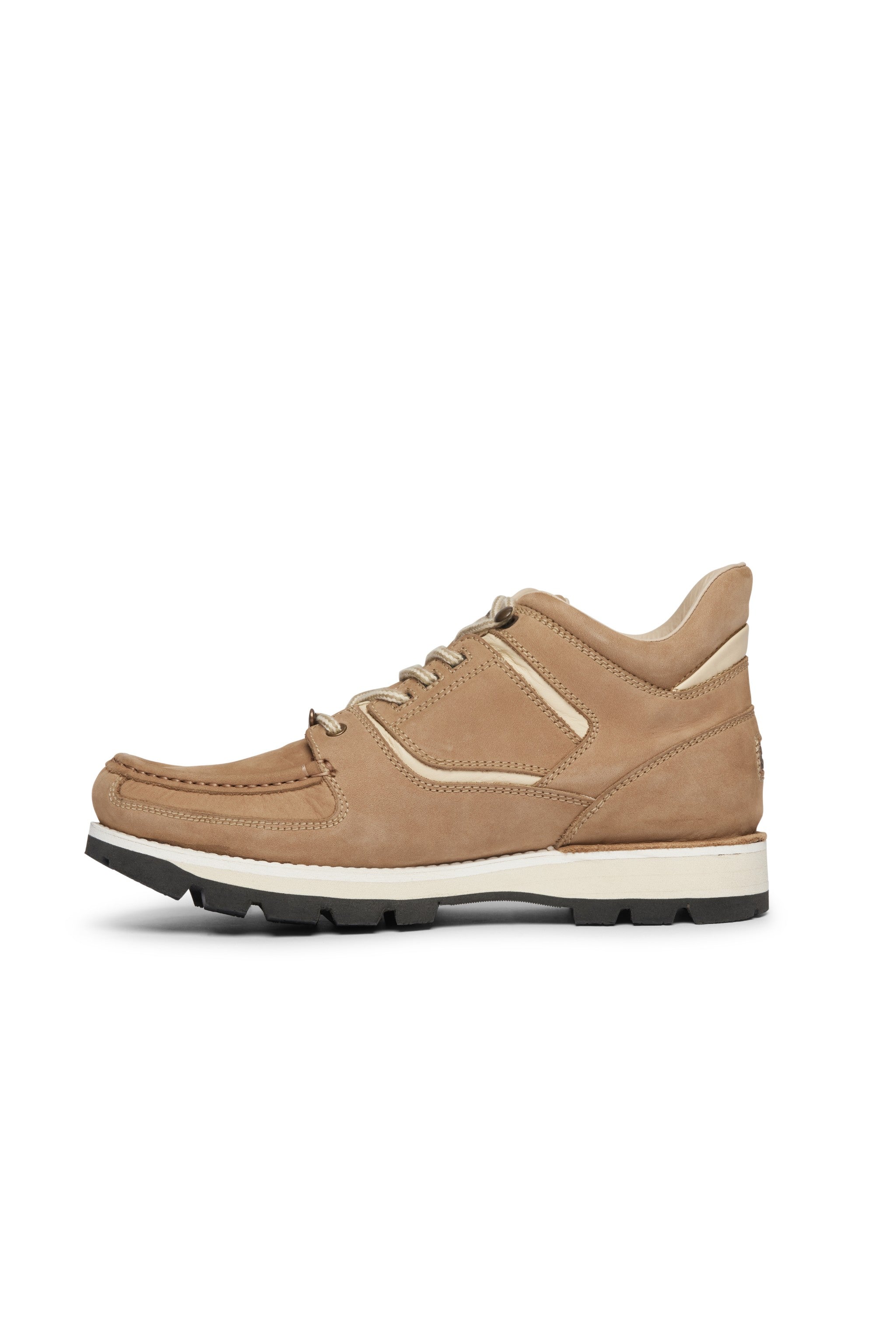 Rockport beige hiker boot with white sole on a white background