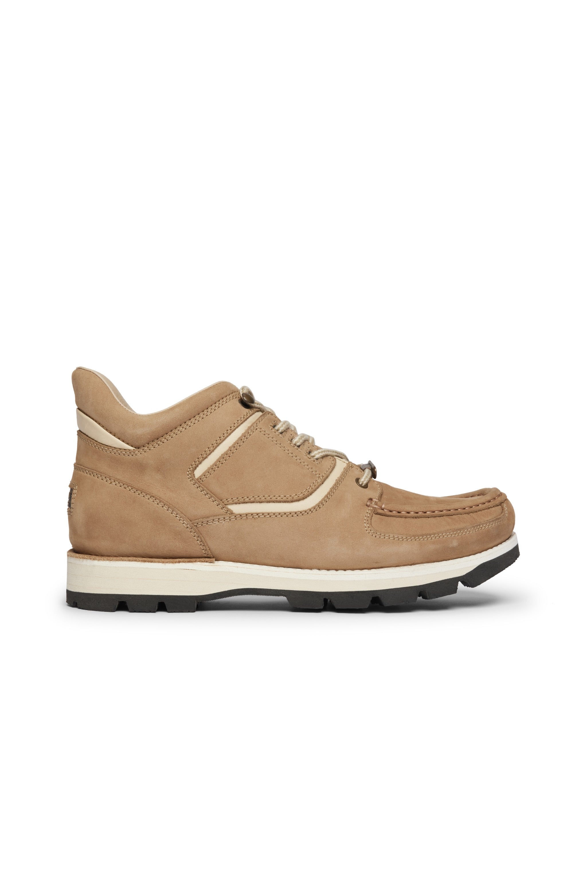 Rockport beige hiker boot with white sole on a white background