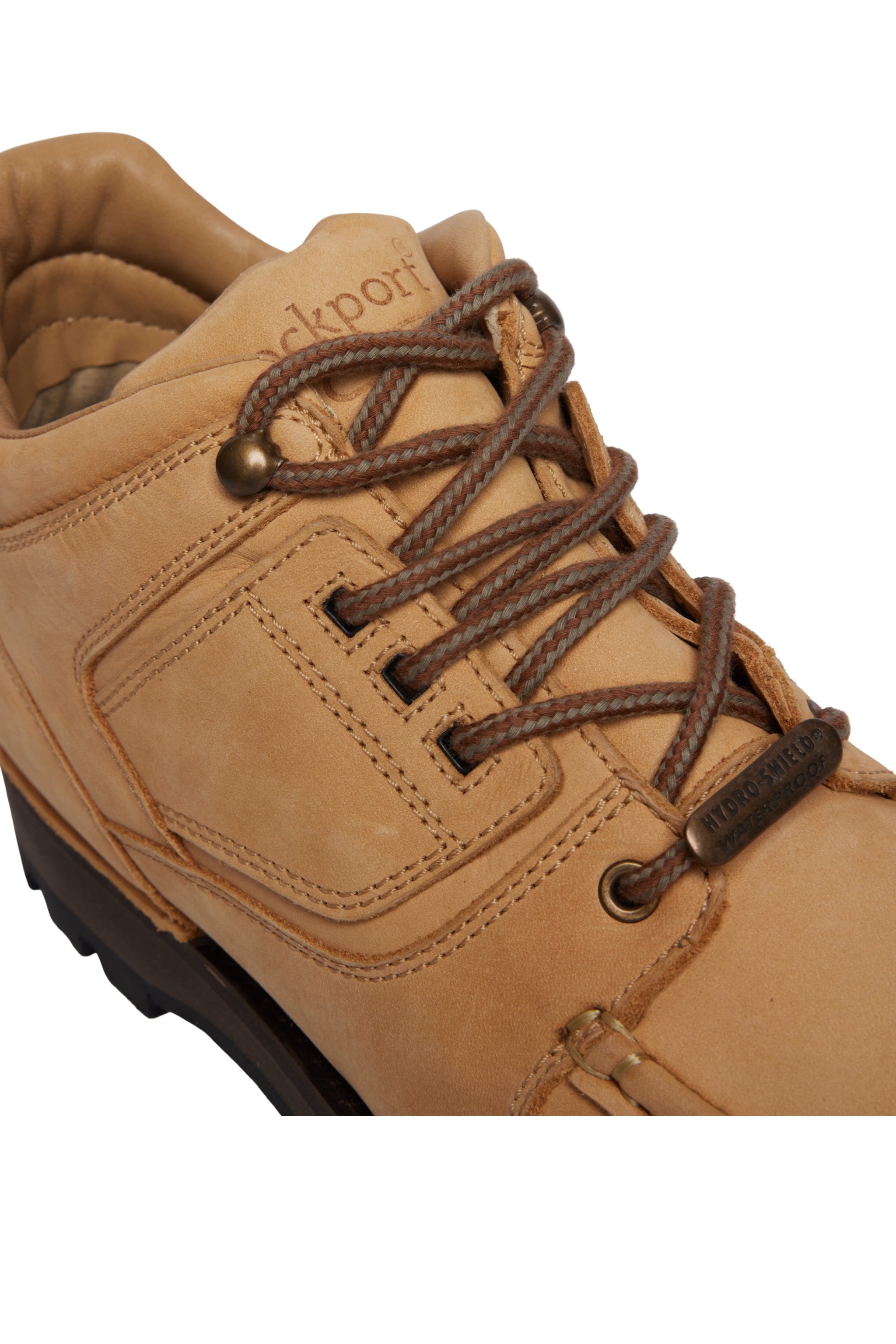 Rockport tan wheat hiker boot with black sole on a white background