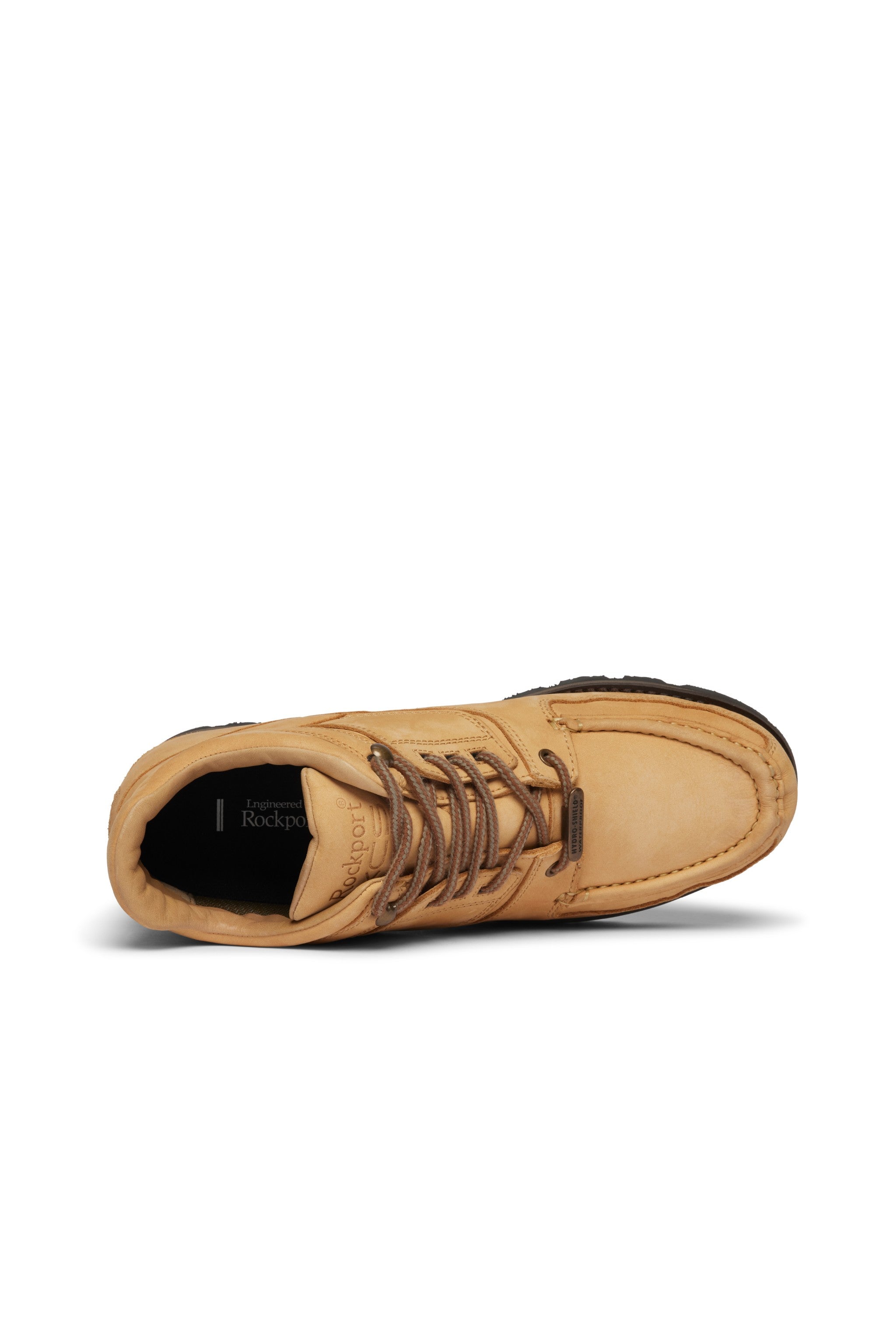 Rockport tan wheat hiker boot with black sole on a white background