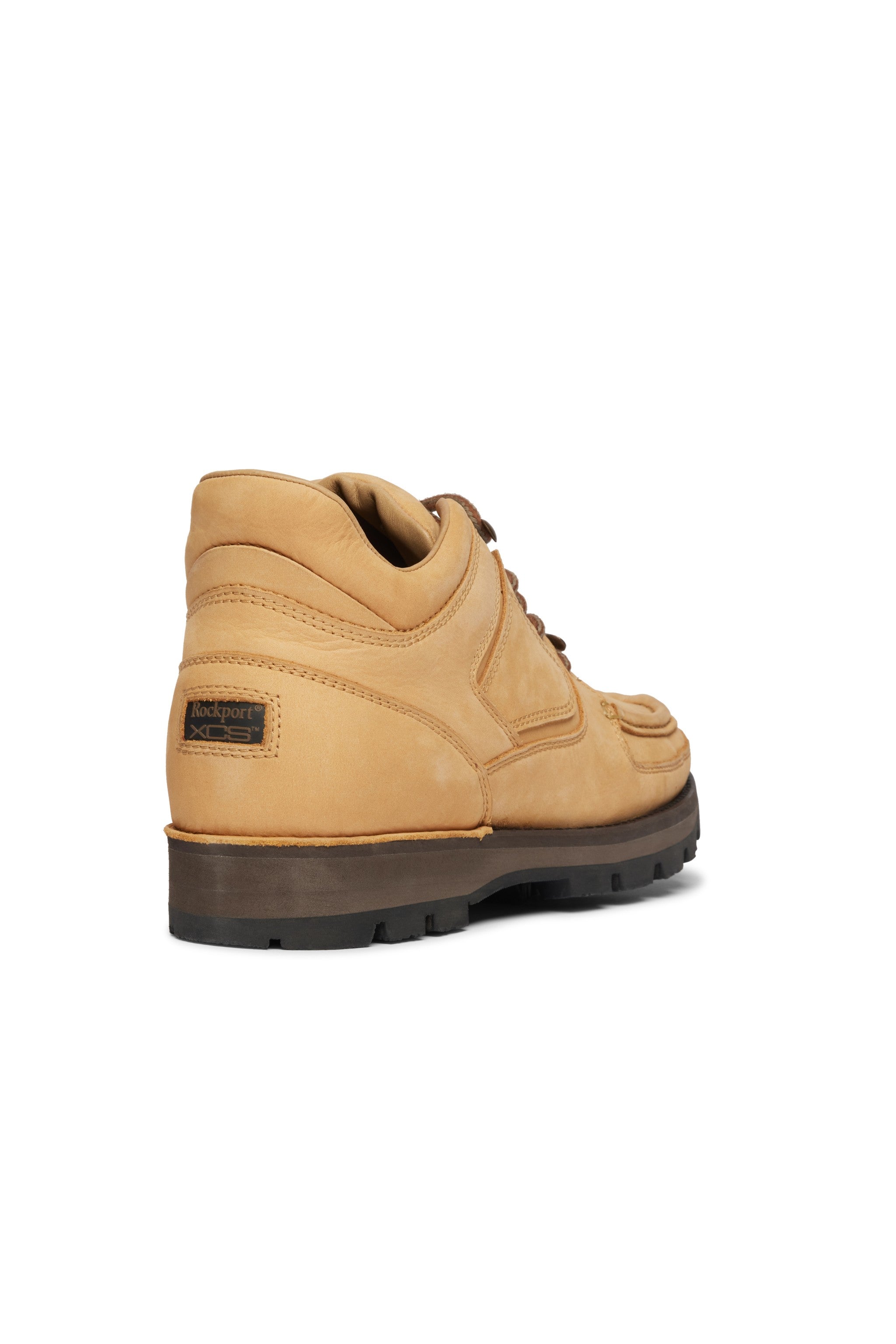 Rockport tan wheat hiker boot with black sole on a white background