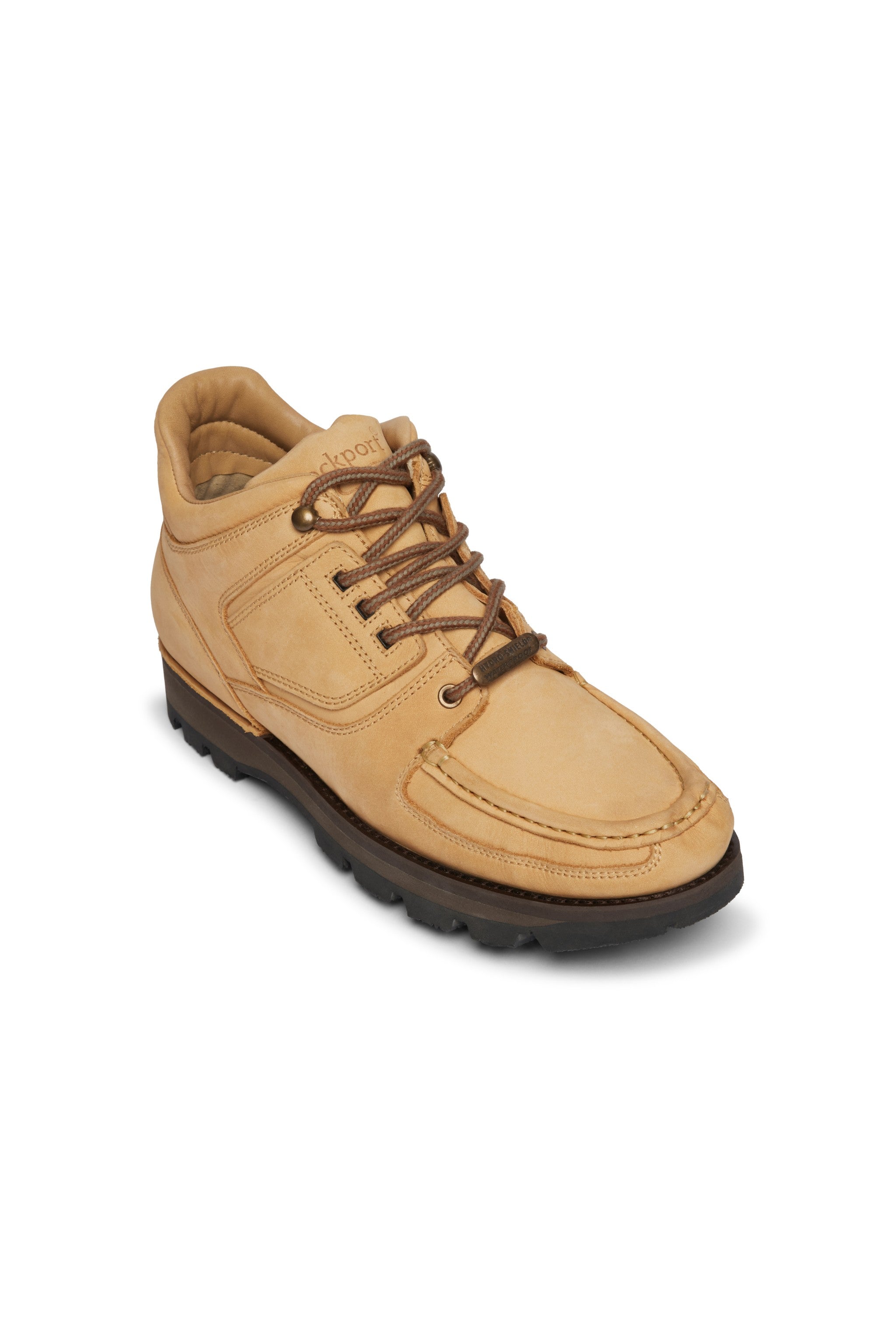 Rockport tan wheat hiker boot with black sole on a white background