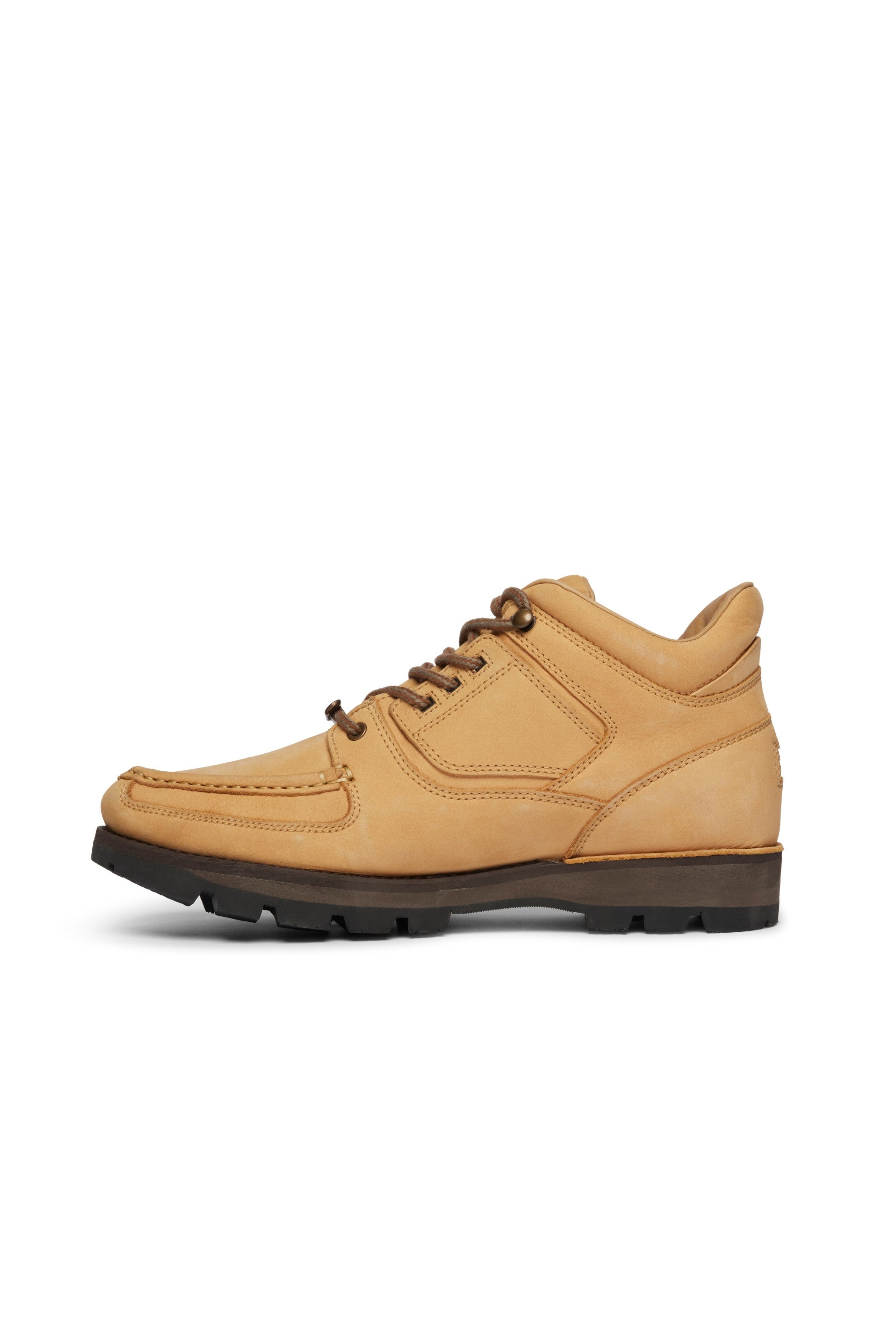 Rockport tan wheat hiker boot with black sole on a white background