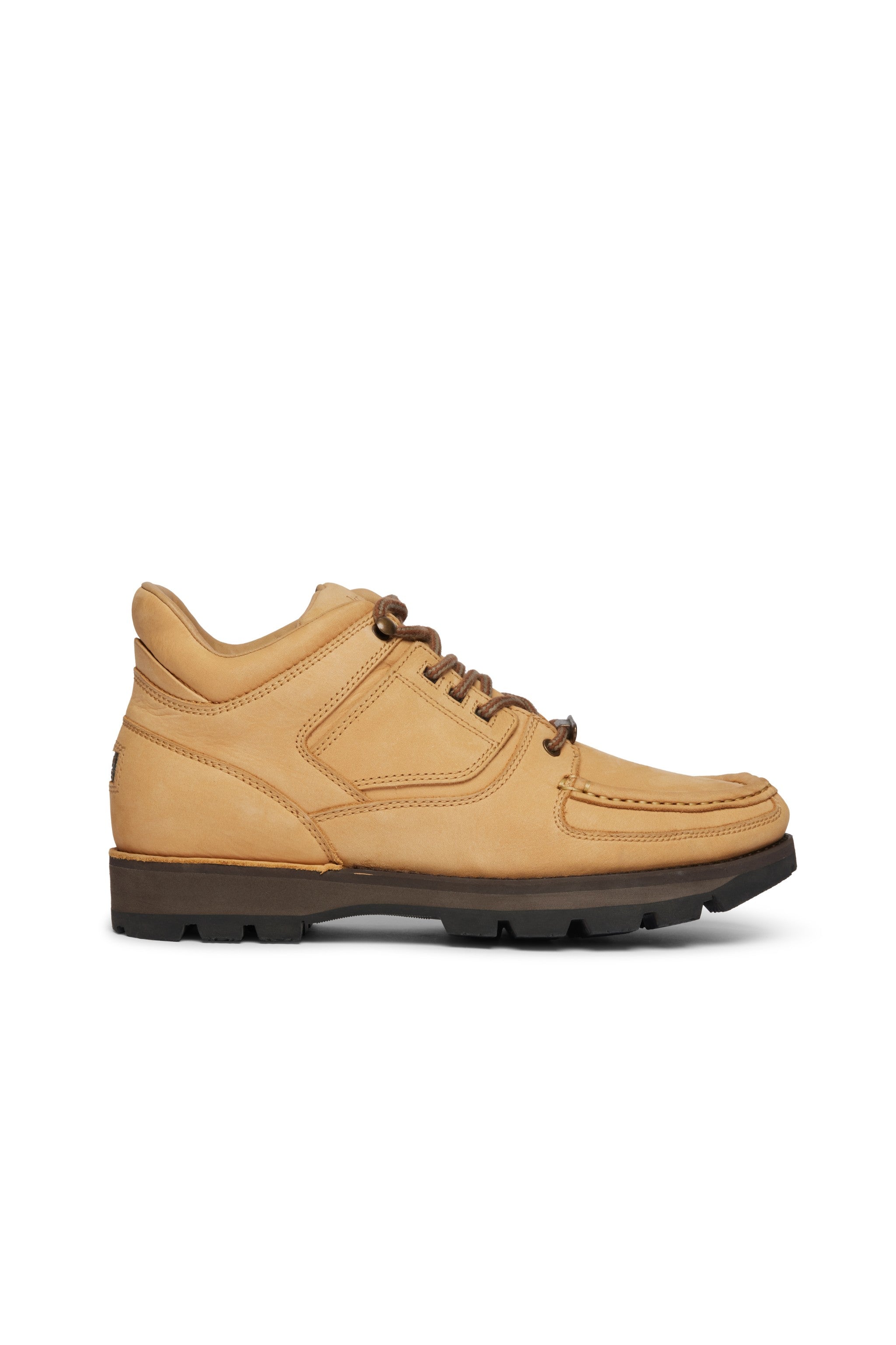 Rockport tan wheat hiker boot with black sole on a white background