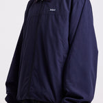 Classic navy harrington jacket with embroidered rockport logo, worn by model