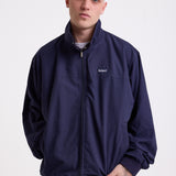 Classic navy harrington jacket with embroidered rockport logo, worn by model