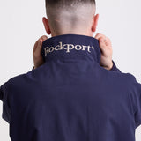 Classic navy harrington jacket with embroidered rockport logo, worn by model
