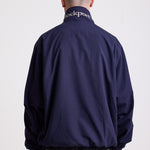 Classic navy harrington jacket with embroidered rockport logo, worn by model
