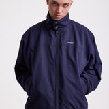 Classic navy harrington jacket with embroidered rockport logo, worn by model